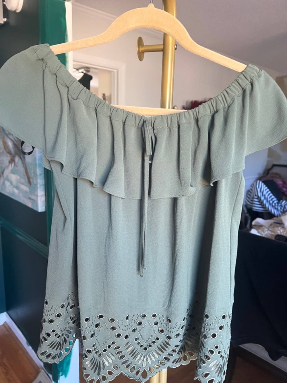 bebe Sage Green Off-Shoulder Eyelet Hem Blouse nwt small
